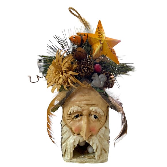 OLD WORLD Santa Claus Face Mini Treehouse Christmas Holiday Ornament w/Decor - Picture 2 of 10